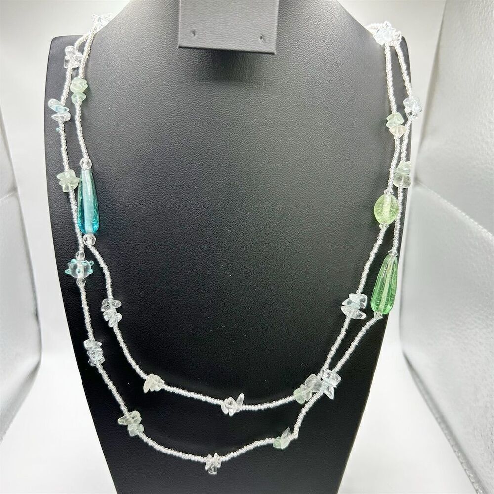 Vintage Genuine Clear Opaque Quartz Multicolor Seed Beaded Long Necklace 27"